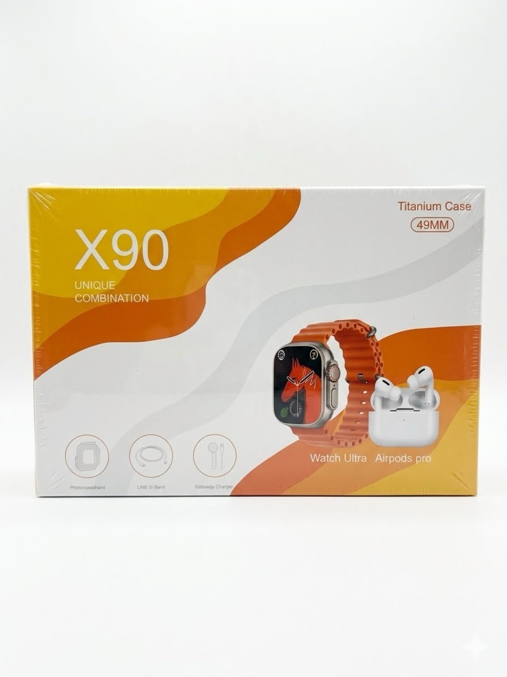 X90 Smartwatch with Orange Band and White Earbuds - Titanium Case 49MM